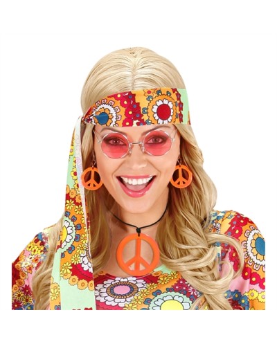 COLLIER AVEC MEDAILLON PEACE AND LOVE + BOUCLES D'OREILLES ORANGE FLUO