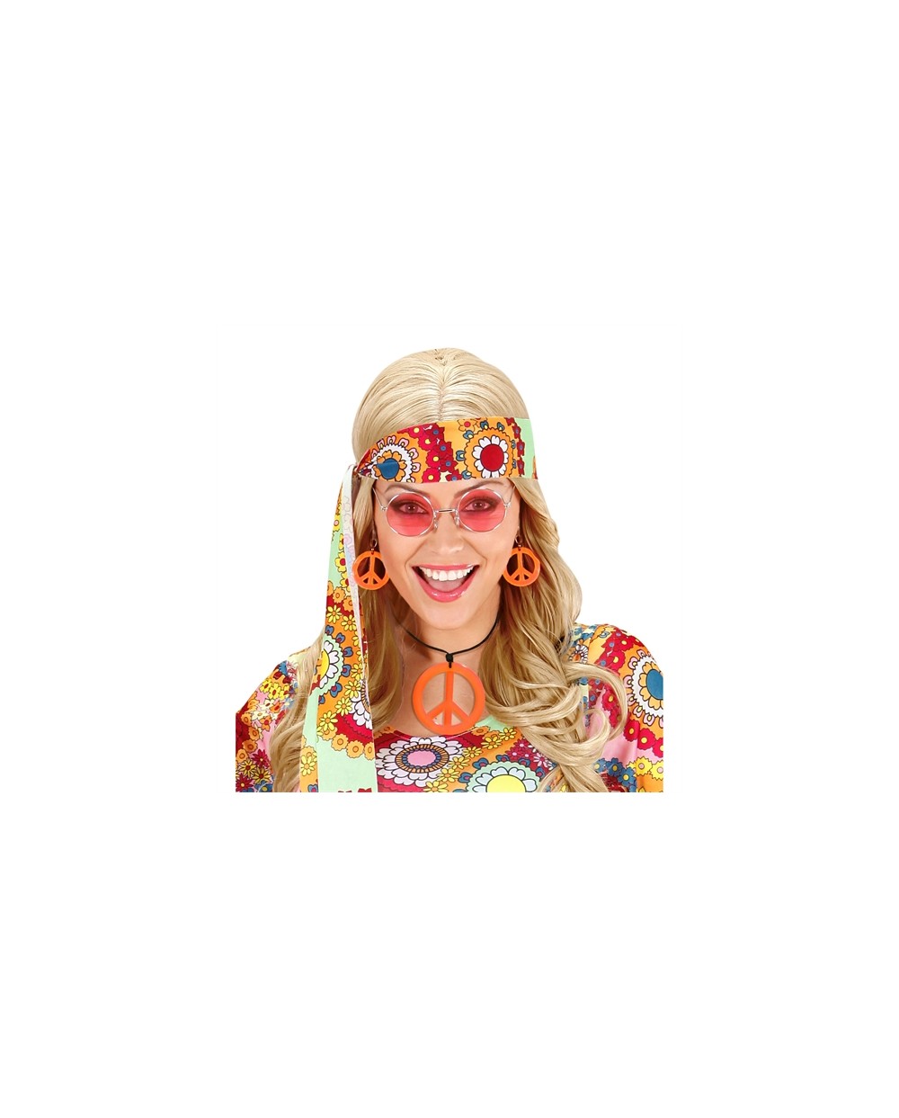 COLLIER AVEC MEDAILLON PEACE AND LOVE + BOUCLES D'OREILLES ORANGE FLUO