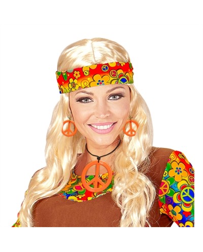 COLLIER AVEC MEDAILLON PEACE AND LOVE + BOUCLES D'OREILLES ORANGE FLUO