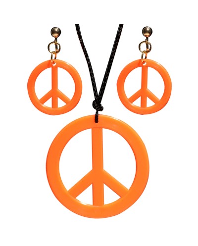 COLLIER AVEC MEDAILLON PEACE AND LOVE + BOUCLES D'OREILLES ORANGE FLUO
