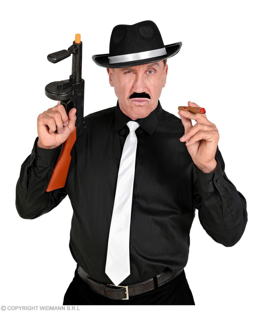 KIT ANNEE 20 GANGSTER CHAPEAU NOIR CRAVATE BLANCHE CIGARE ET MOUSTACHE