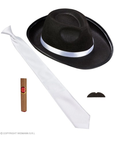 KIT ANNEE 20 GANGSTER CHAPEAU NOIR CRAVATE BLANCHE CIGARE ET MOUSTACHE
