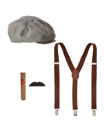 SET ANNEES 20 HOMME CASQUETTE+ BRETELLES+ CIGARE+ MOUSTACHES