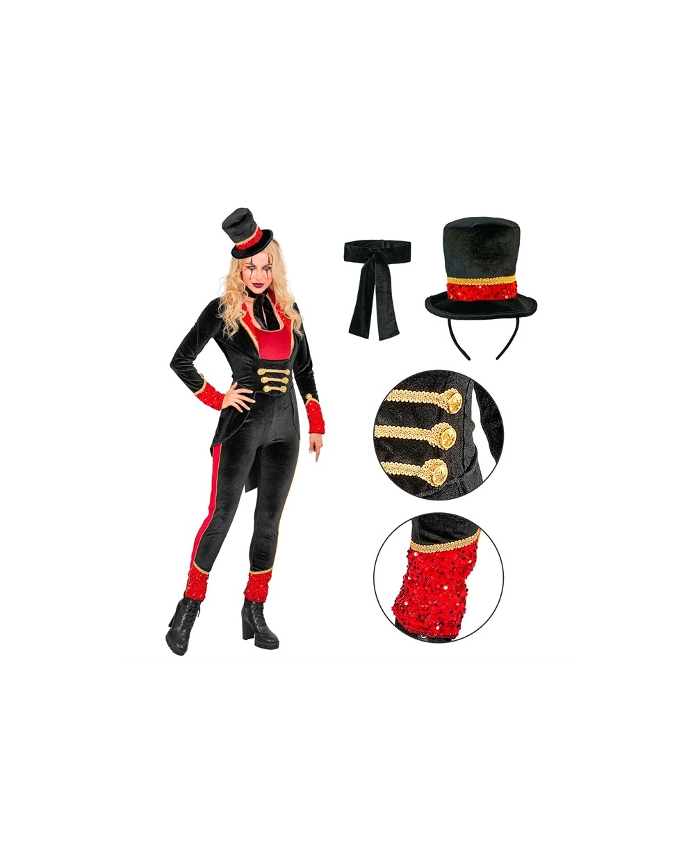 DEGUISEMENT MME LOYAL OU DIRECTRICE DE CIRQUE ROUGE NOIR ET OR PANTALON TAILLE S