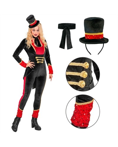 DEGUISEMENT MME LOYAL OU DIRECTRICE DE CIRQUE ROUGE NOIR ET OR PANTALON TAILL XS