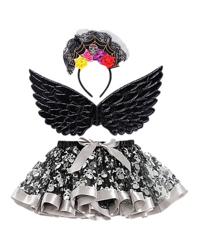 SET 3 PIECES DAY OF THE DEAD ENFANT TUTU AILES NOIRES SERRE TETE MEXICAIN FLEURS
