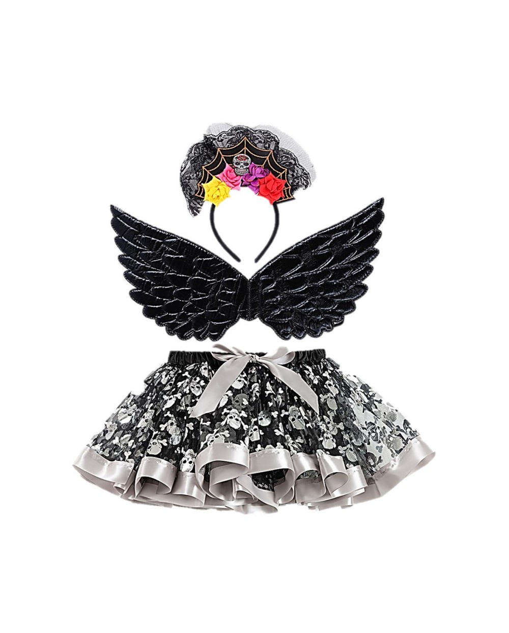 SET 3 PIECES DAY OF THE DEAD ENFANT TUTU AILES NOIRES SERRE TETE MEXICAIN FLEURS