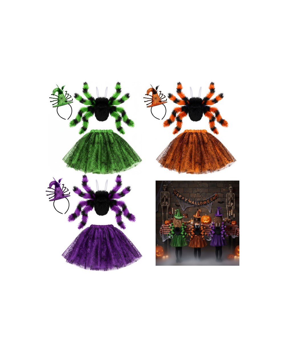 SET 3 PIECES ARAIGNEE ENFANT TUTU GROSSE ARAIGNEE CHAPEAU DE SORCIERE 