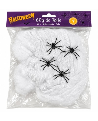 TOILE D'ARAIGNEE BLANCHE 60 GR + 4 ARAIGNEES DECORATION HALLOWEEN