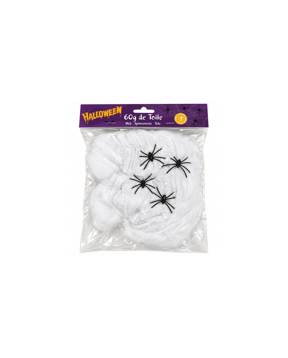 TOILE D'ARAIGNEE BLANCHE 60 GR + 4 ARAIGNEES DECORATION HALLOWEEN