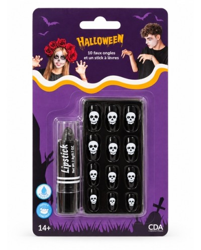 10 FAUX ONGLES LONGS HALLOWEEN NOIRS TETES DE MORT BLANCHES + NOIR A LEVRES