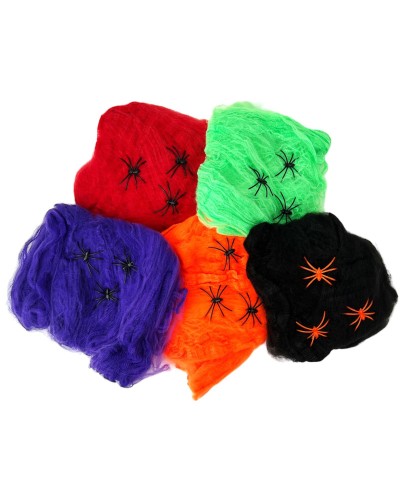 TOILE D'ARAIGNEE NOIRE ROUGE VERT ORANGE OU VIOLET 20 GR + 3 ARAIGNEES