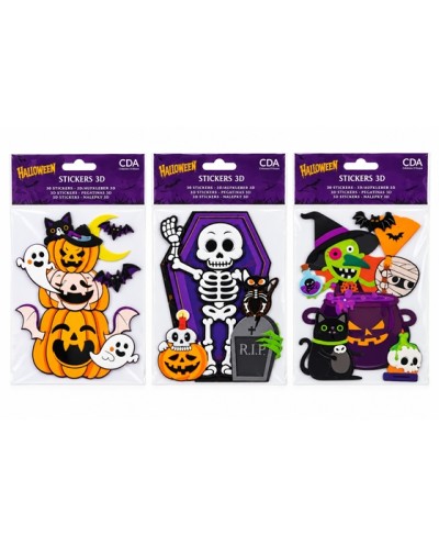 DECORATION STICKERS 3D  – CITROUILLES, PETIT SQUELETTE OU SORCIÈRE – 3 MODÈLES 