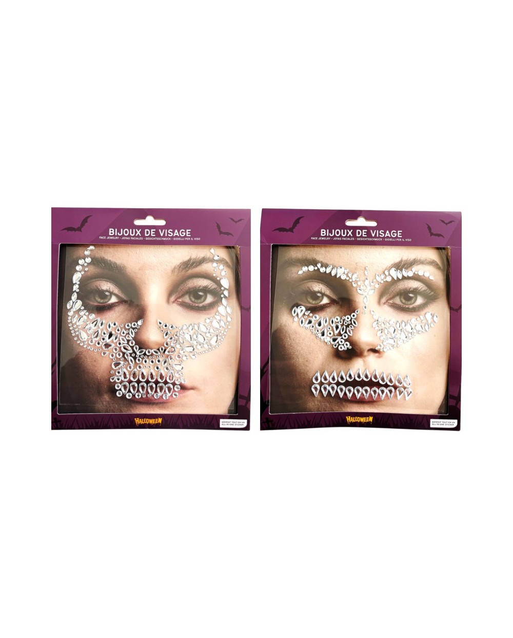 BIJOUX OU STRASS DE VISAGE HALLOWEEN ARGENT FACE DE SQUELETTE MODELE ALEATOIRE