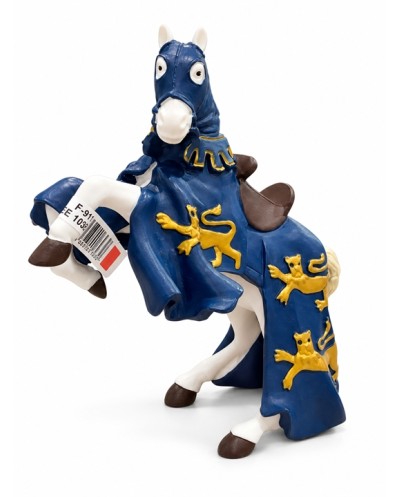 FIGURINE CHEVAL DE TOURNOI AUX APPARATS BLEU ET LIONS OR