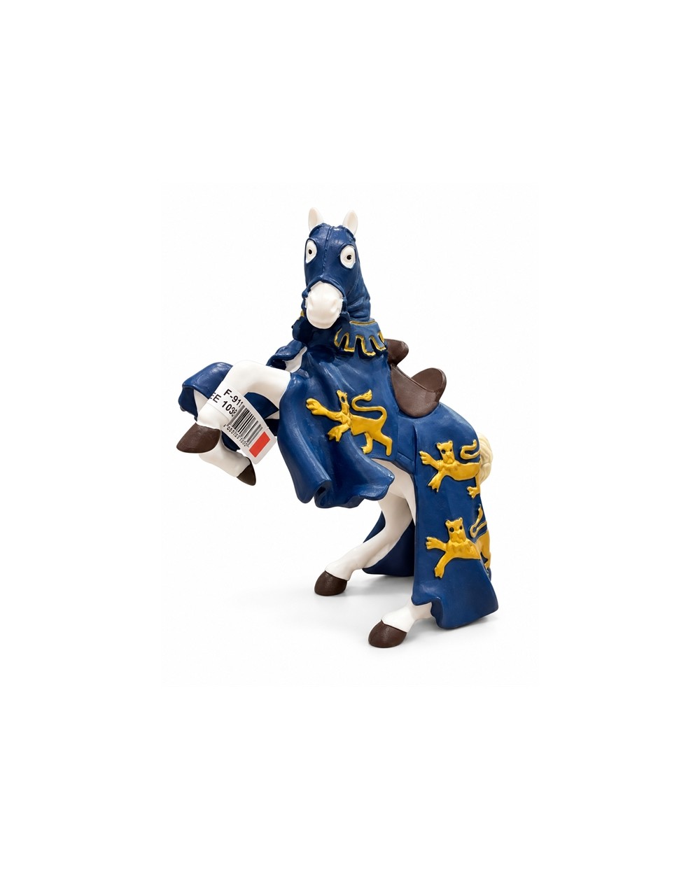 FIGURINE CHEVAL DE TOURNOI AUX APPARATS BLEU ET LIONS OR