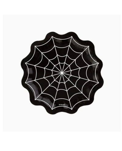 6 ASSIETTES TOILE D'ARAIGNEE BLANCHE SUR FOND NOIR 23 CM