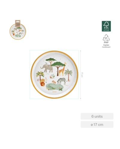 6 ASSIETTES ANIMAUX DE LA JUNGLE SAFARI MULTICOLORE 17 CM