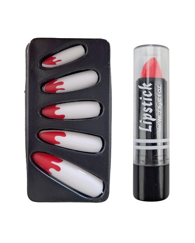 10 FAUX ONGLES LONGS HALLOWEEN BLANCS TRACES DE SANG ROUGE + ROUGE A LEVRES
