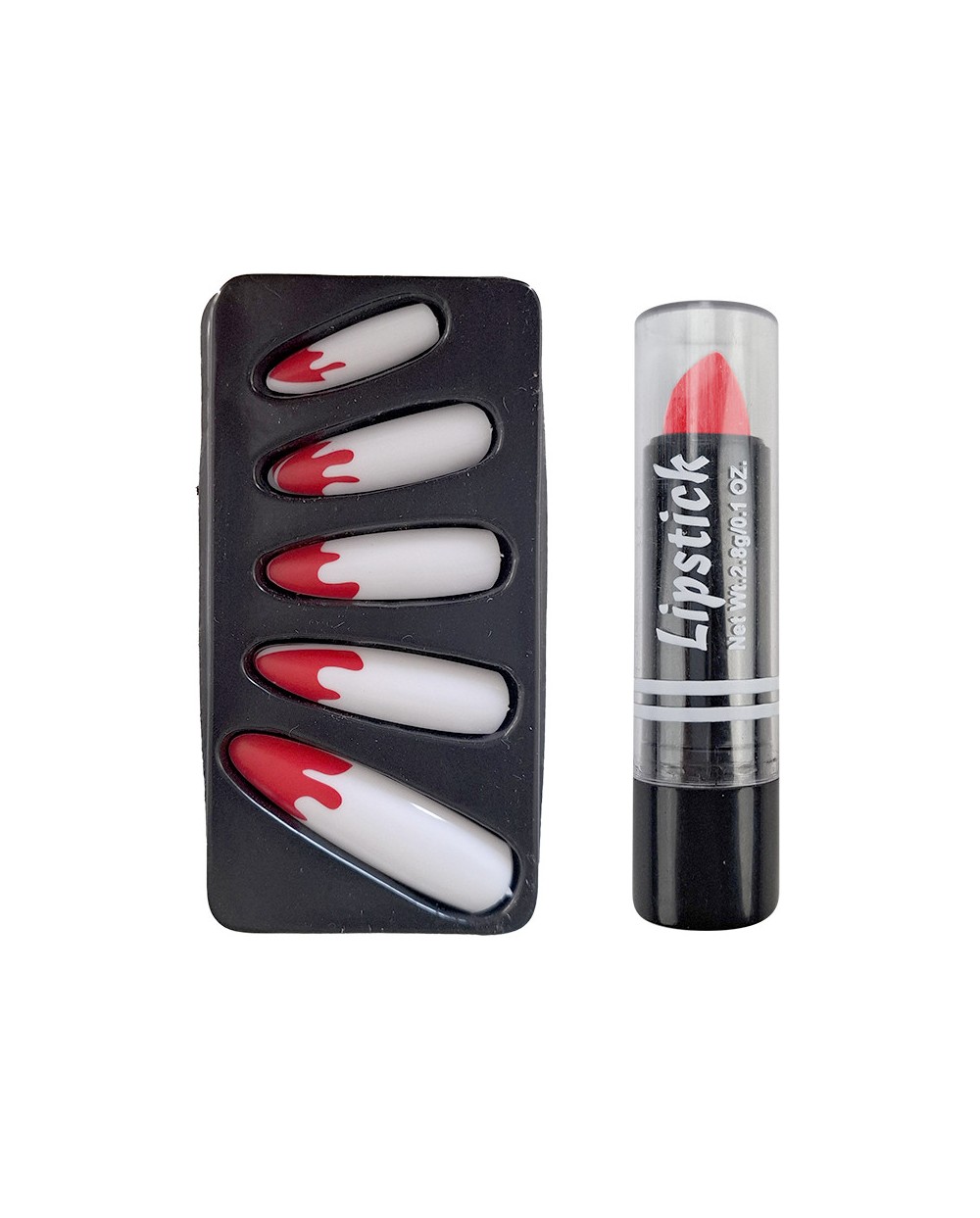 10 FAUX ONGLES LONGS HALLOWEEN BLANCS TRACES DE SANG ROUGE + ROUGE A LEVRES
