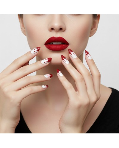 10 FAUX ONGLES LONGS HALLOWEEN BLANCS TRACES DE SANG ROUGE + ROUGE A LEVRES