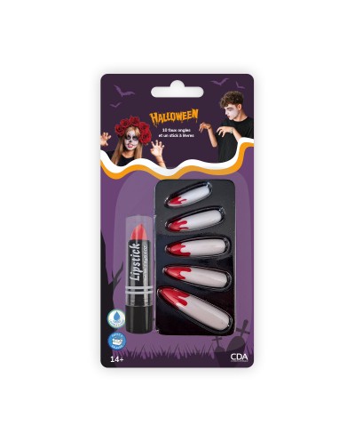 10 FAUX ONGLES LONGS HALLOWEEN BLANCS TRACES DE SANG ROUGE + ROUGE A LEVRES