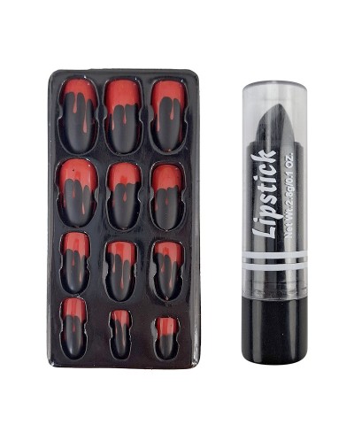10 FAUX ONGLES LONGS HALLOWEEN NOIR TRACES DE SANG ROUGE + NOIR A LEVRES