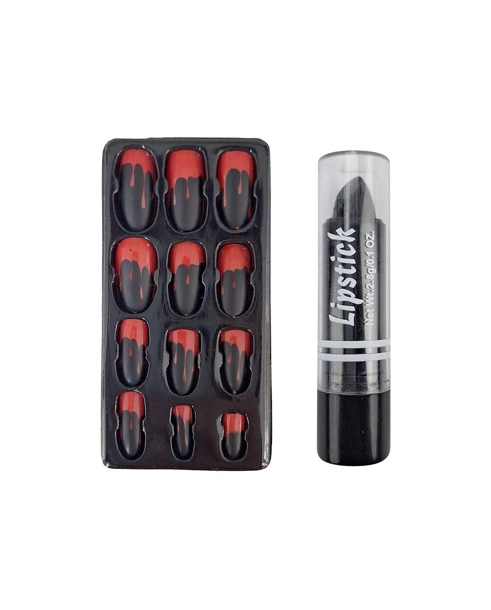 10 FAUX ONGLES LONGS HALLOWEEN NOIR TRACES DE SANG ROUGE + NOIR A LEVRES