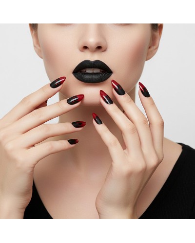 10 FAUX ONGLES LONGS HALLOWEEN NOIR TRACES DE SANG ROUGE + NOIR A LEVRES