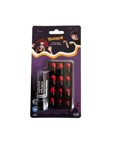 10 FAUX ONGLES LONGS HALLOWEEN NOIR TRACES DE SANG ROUGE + NOIR A LEVRES
