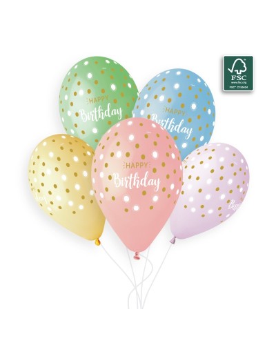 6 BALLONS BIO LATEX HAPPY BIRTHDAY MULTICOLORES PASTEL POIS BLANC ET OR 33 CM 