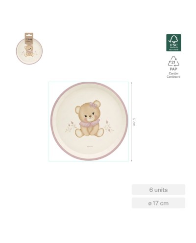 6 ASSIETTES EN CARTON OURSON BEBE NUDE ROSE 17 CM