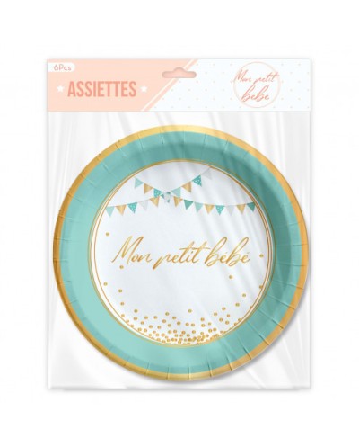 6 ASSIETTES RONDES BLEU / MENTHE MON PETIT BEBE 23 CM 