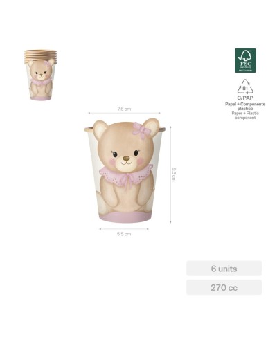 6 GOBELETS EN CARTON OURSON BEBE NUDE ROSE 270 CC