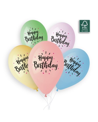 6 BALLONS BIO LATEX HAPPY BIRTHDAY MULTICOLORES PASTEL 33 CM 
