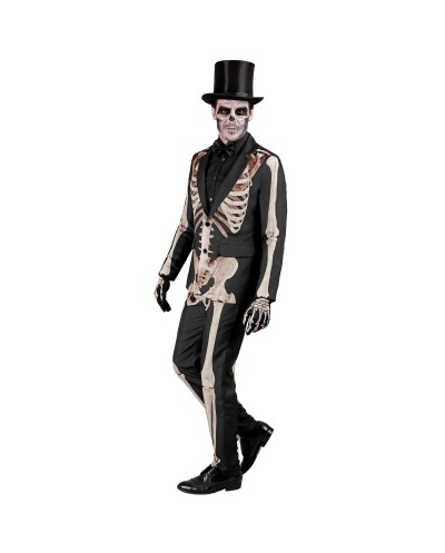 DEGUISEMENT COSTUME VESTE + PANTALON NOIR IMPRESSION SQUELETTE BLANC TAILLE L