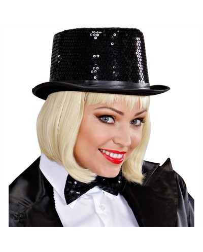 CHAPEAU HAUT DE FORME SATIN NOIR AVEC SEQUINS OU PAILLETTES NOIRS