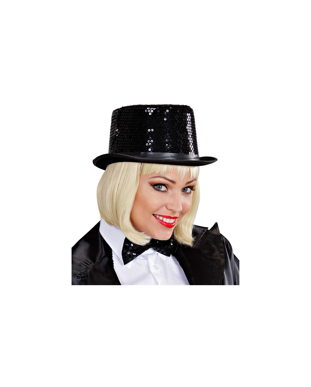 CHAPEAU HAUT DE FORME SATIN NOIR AVEC SEQUINS OU PAILLETTES NOIRS
