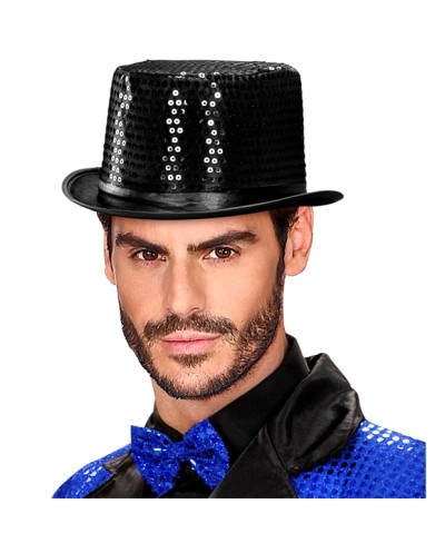 CHAPEAU HAUT DE FORME SATIN NOIR AVEC SEQUINS OU PAILLETTES NOIRS