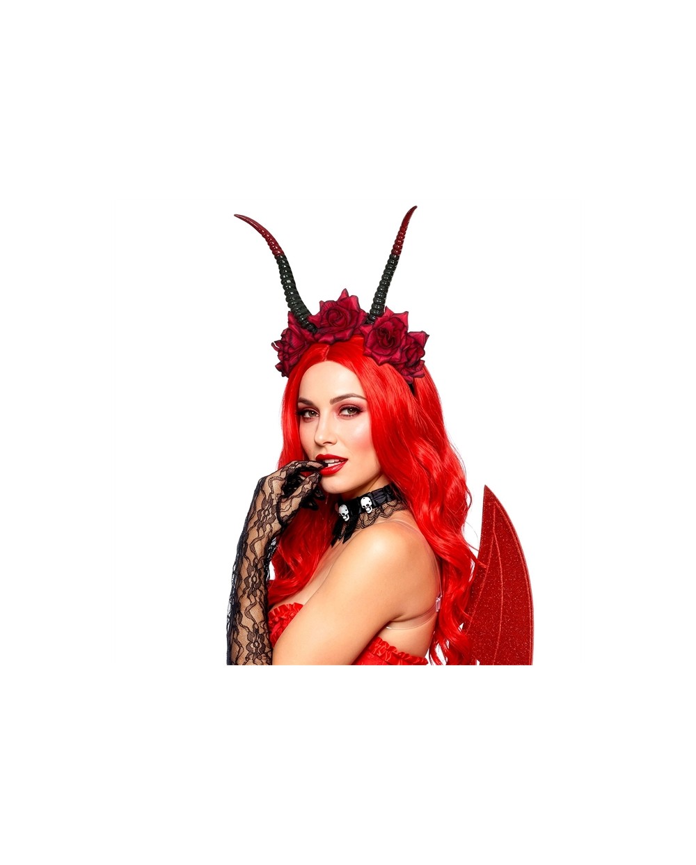 SERRE TETE CORNES DE DIABLE OU DEMON ROUGE AVEC FLEURS ROUGE ET NOIRES