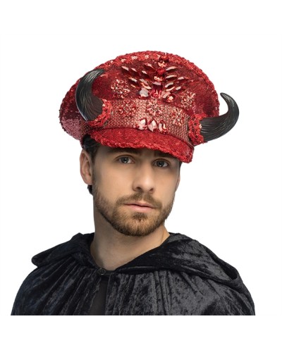 CASQUETTE DIABLE ROUGE SEQUINS PAILLETTES AVEC CORNES