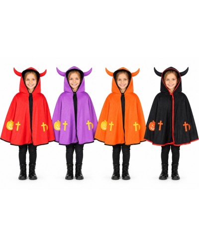 CAPE A CAPUCHE DIABLOTIN CAPUCHE AVEC CORNES ROUGE VIOLET ORANGE OU NOIRE 