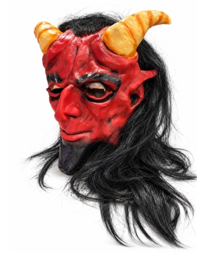 MASQUE DIABLE ROUGE CHEVEUX LONGS NOIRS ET CORNES