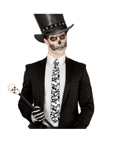 CRAVATE HALLOWEEN NOIRE IMPRIMEE TETES DE MORT BLANCHES