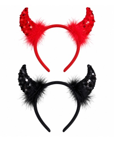 SERRE TETE CORNES DE DIABLE VELOUR ET SEQUINS NOIR OU ROUGE SELON LE MODELE