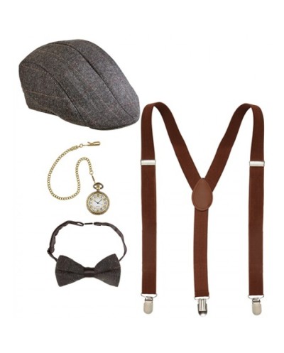 SET ANNEES 20 HOMME CASQUETTE+ BRETELLES+ MONTRE+ NOEUD