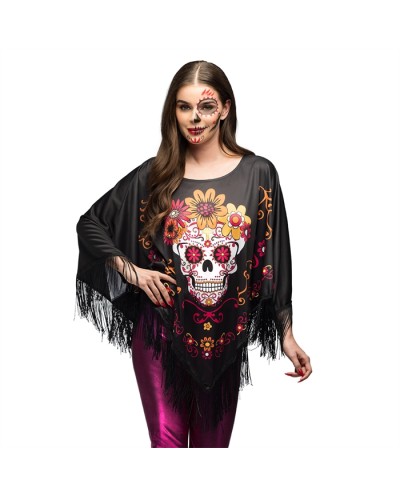 CAPE PONCHO JOUR DES MORTS CATRINA DAY OF THE DEAD ADULTE HALLOWEEN