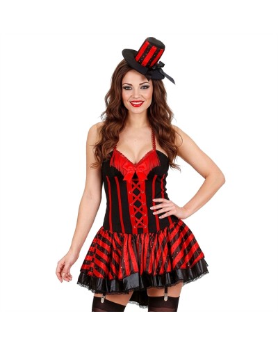 DEGUISEMENT BURLESQUE FEMME ROBE AVEC PORTES JARETELLES NOIR RAYE ROUGE TAILLE S