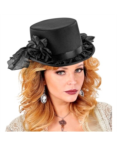 CHAPEAU HAUT DE FORME NOIR AVEC TULLE ET RUBAN SATIN NOIR ET ROSE NOIRE