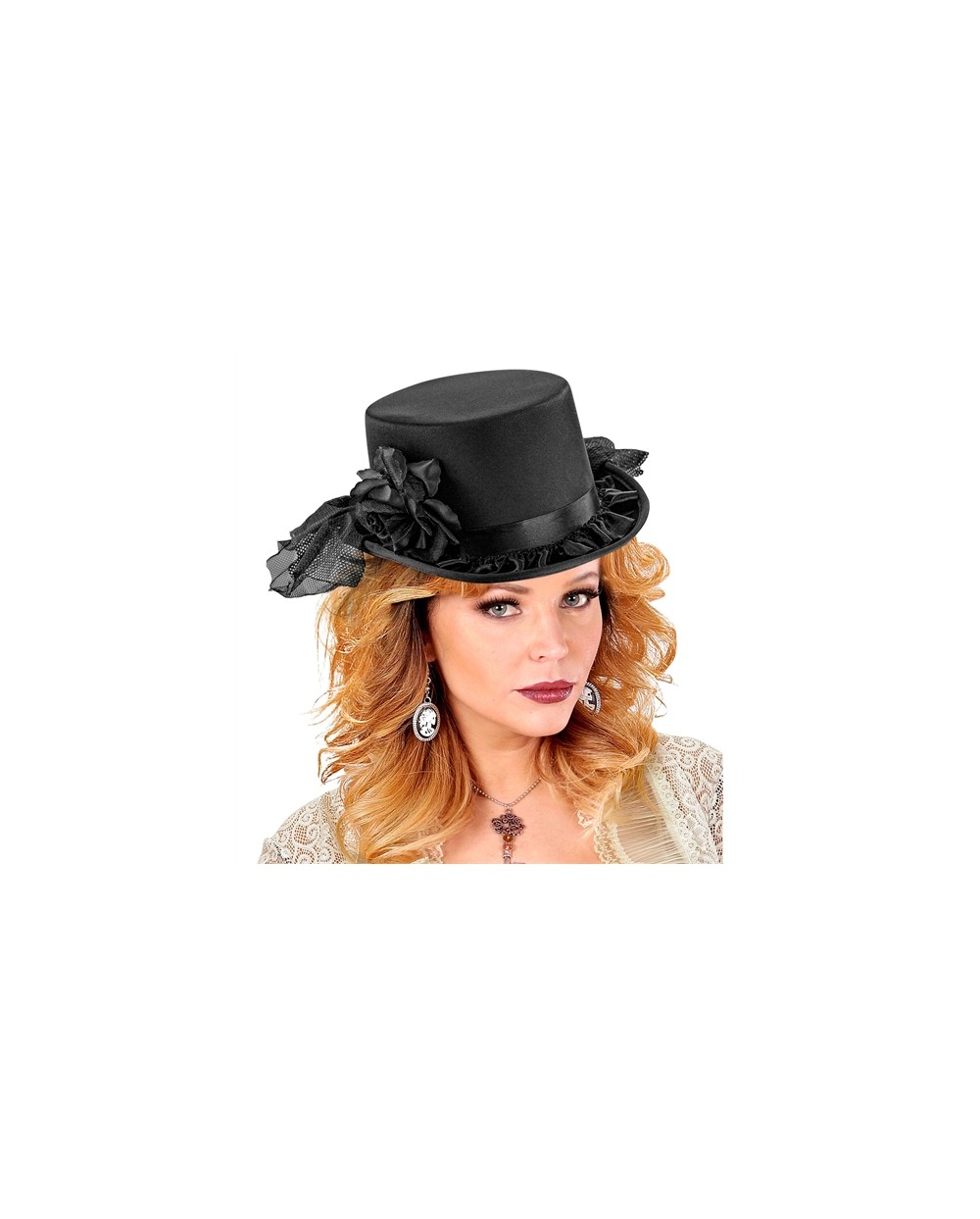 CHAPEAU HAUT DE FORME NOIR AVEC TULLE ET RUBAN SATIN NOIR ET ROSE NOIRE